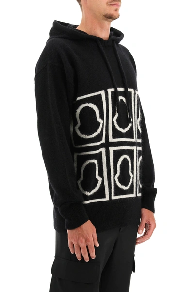 Shop Moncler Hooded Sweater With Jacquard Logo In Black,white