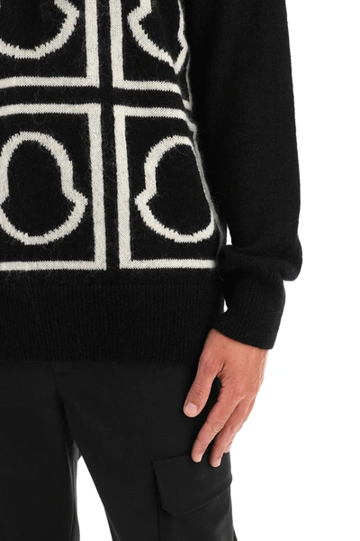 Shop Moncler Hooded Sweater With Jacquard Logo In Black,white