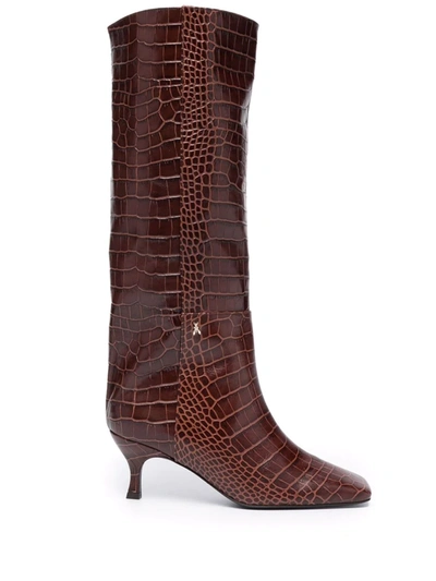 Shop Patrizia Pepe Crocodile Square-toe Leather Boots In Braun