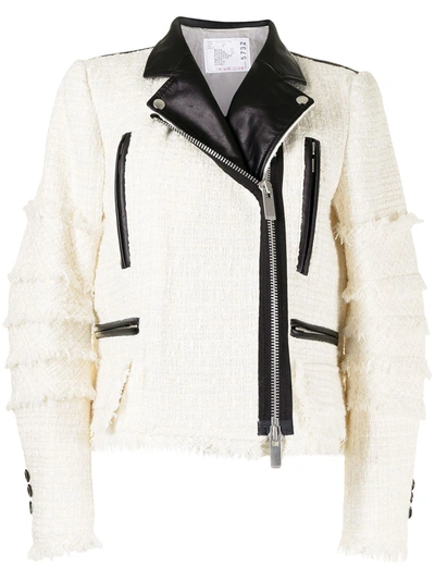 Shop Sacai Padded Tweed Biker Jacket In Weiss
