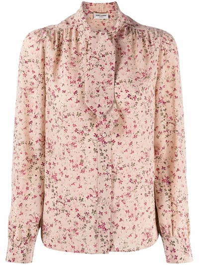 Shop Saint Laurent Floral-print Pussy-bow Blouse In Rosa