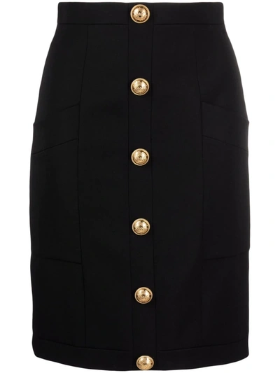 Shop Balmain Wool Button-detail Skirt In Schwarz
