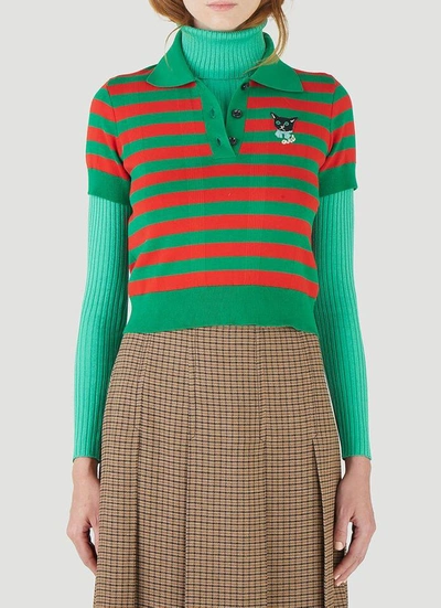 Shop Gucci Cat Embroidered Striped Knit Polo Shirt In Multi