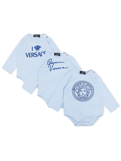 Shop Versace Three-piece Babygrow Set In Blue