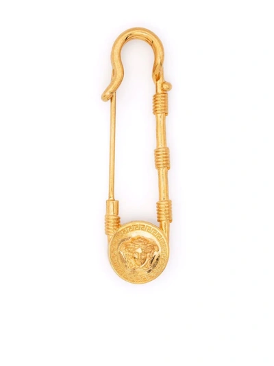 Shop Versace Safety-pin Medusa Brooch In Gold