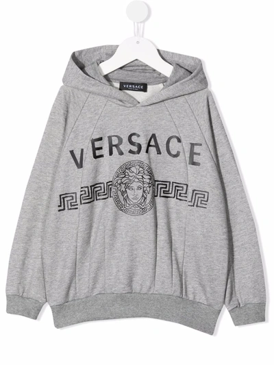 Shop Versace Logo Long-sleeve Hoodie In 灰色