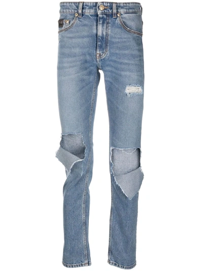 Shop Versace Jeans Couture Distressed Straight-leg Jeans In Blue