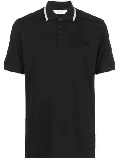 Shop Z Zegna Embroidered-logo Cotton Polo Shirt In Black
