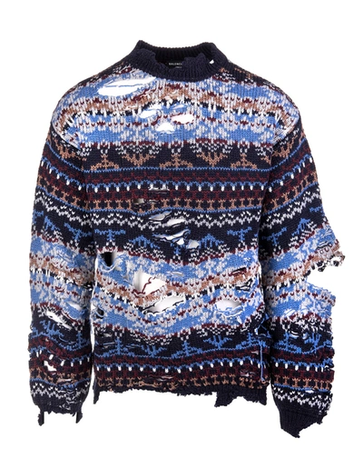 Shop Balenciaga Unisex Blue Destroyed Round-neck Sweater In Navy/multicolor