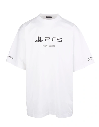 Shop Balenciaga Man White Boxy Playstation T-shirt In White/black