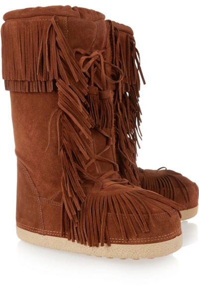 Shop Aquazzura Boho Karlie Shearling-lined Fringed Suede Boots In Brown
