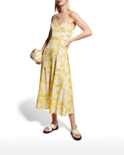 Shop Rebecca Taylor Ruched Viscose Long Dress In Sunflower Combo