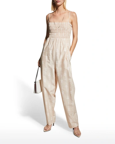 Shop Rebecca Taylor Smocked Cotton Sleeveless Jumpsuit In Marzipan Combo