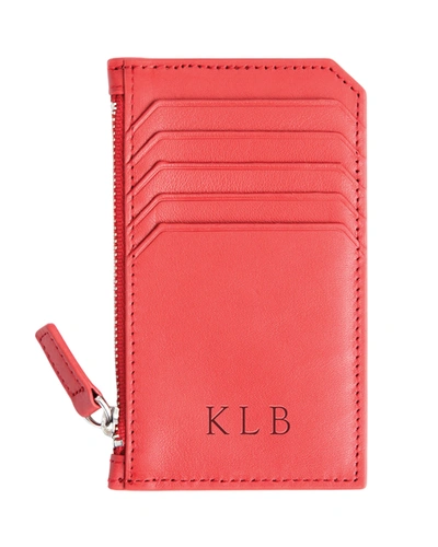 Royce New York Monogrammed Zippered Leather Credit Card Case In Orange