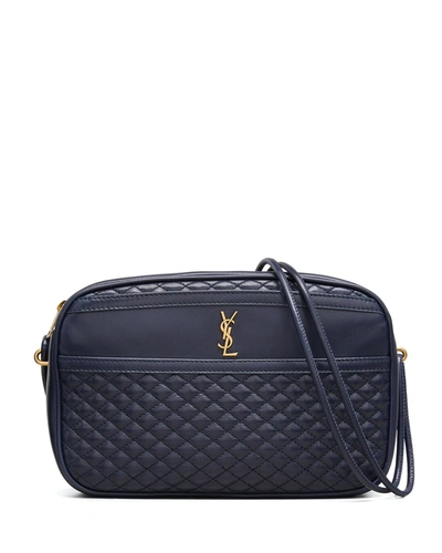 Shop Saint Laurent Victoire Ysl Quilted Leather Camera Bag In Deep Marine