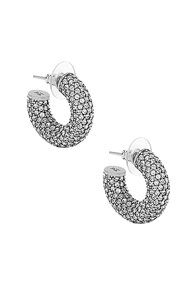Shop Amina Muaddi Cameron Hoop Mini Earrings In Dark Silver & White Crystal