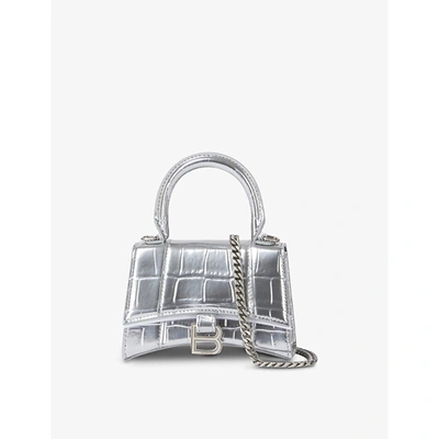 Shop Balenciaga Silver Hourglass Mini Croc-embossed Leather Top Handle Bag