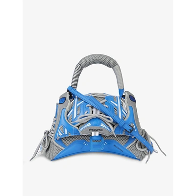 Shop Balenciaga Blue/grey Sneakerhead Small Mesh And Faux-leather Cross-body Bag