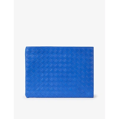 Shop Bottega Veneta Mens Cobalt Intrecciato-woven Half-zip Leather Pouch