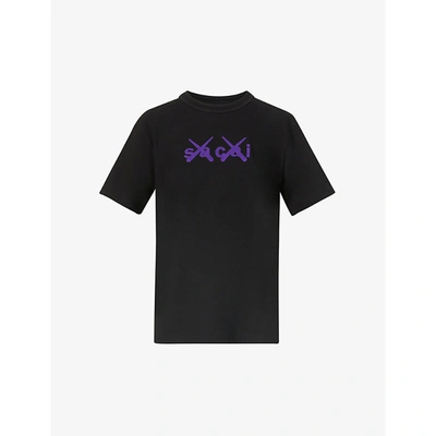 Shop Sacai Womens Blk Purple X Kaws Logo-print Cotton-jersey T-shirt 0