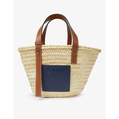 Shop Loewe Branded Woven Basket Bag In Natural/ocean