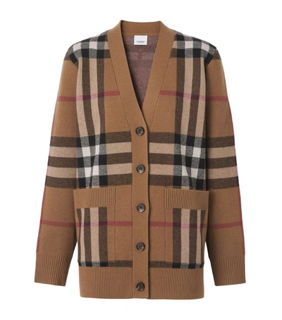 Shop Burberry Wool-cashmere Check Jacquard Cardigan In Brown