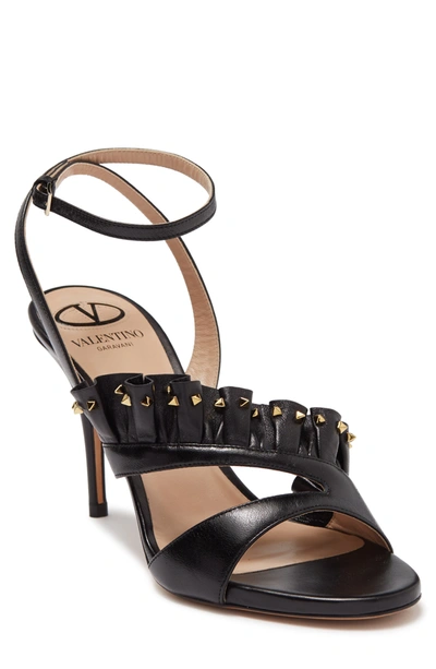 Shop Valentino Studded Ruffle Leather Stiletto Sandal In Nero