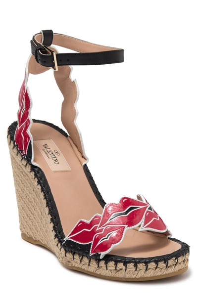 Shop Valentino Pout Ankle Strap Espadrille Wedge Sandal In Bianco/rosso V/nero