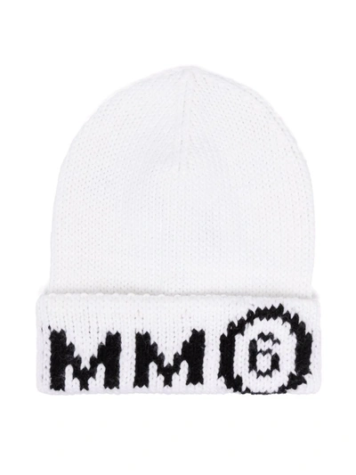 Shop Mm6 Maison Margiela Logo Intarsia Knitted Beanie In White