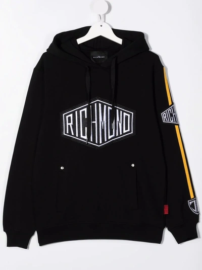 Shop John Richmond Junior Teen Embroidered Logo Cotton Hoodie In Black