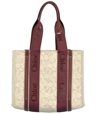 Shop Chloé Burgundy Lace Canvas Woody Tote Bag
