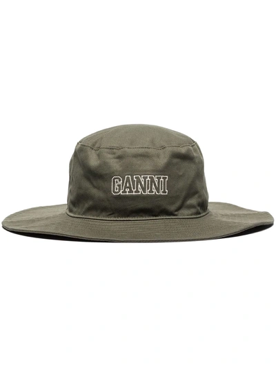 Ganni Logo Organic Cotton Sun Hat In Grün