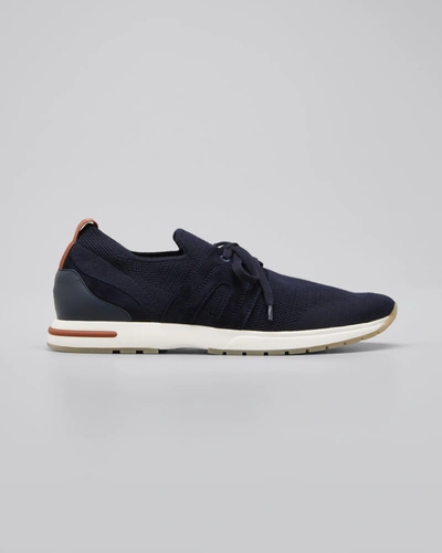Shop Loro Piana Knit Lace-up Runner Sneakers In Blue Navy