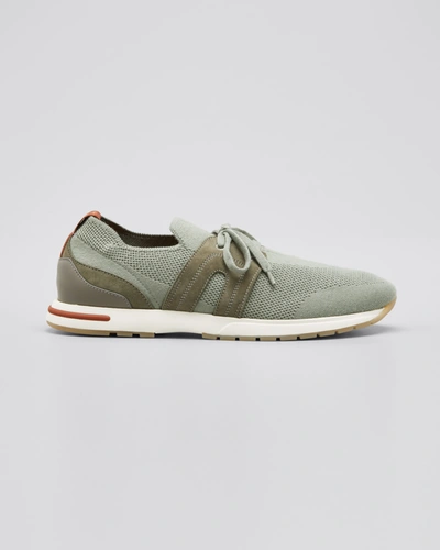 Shop Loro Piana Knit Lace-up Runner Sneakers In Army Green