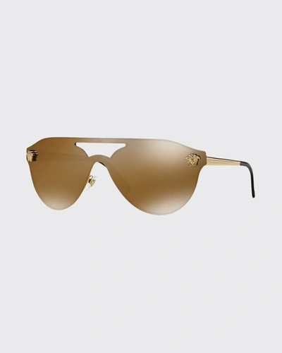 Shop Versace Mirrored Shield Brow-bar Sunglasses In Gold/brown