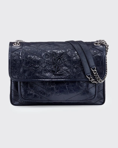 Shop Saint Laurent Niki Medium Crinkled Calf Flap-top Shoulder Bag In Deep Marine