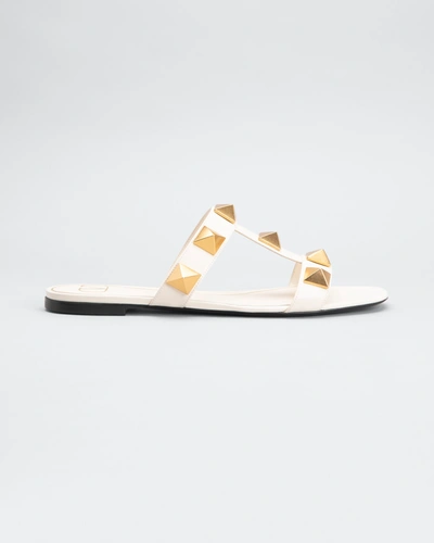 Shop Valentino Roman Stud T-strap Slide Sandals In Light Ivory