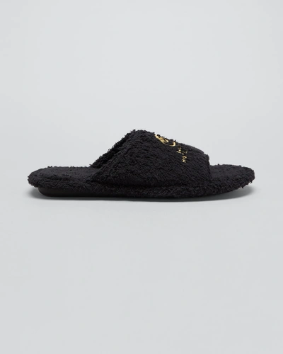 Shop Balenciaga Home Furry Logo Slippers In Black Gold