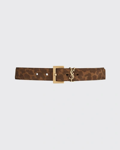 Shop Saint Laurent Ysl Monogram Leopard-print Suede Belt In Brown/black