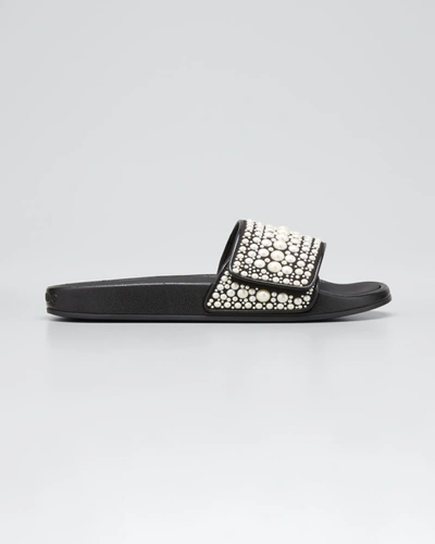 Shop Jimmy Choo Fitz Pearly Stud Pool Sandals In Black