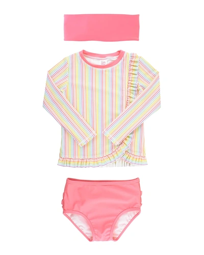 Shop Rufflebutts Girl's Long-sleeve Ruffle 2-piece Rash Guard Bikini W/ Headband In Pink
