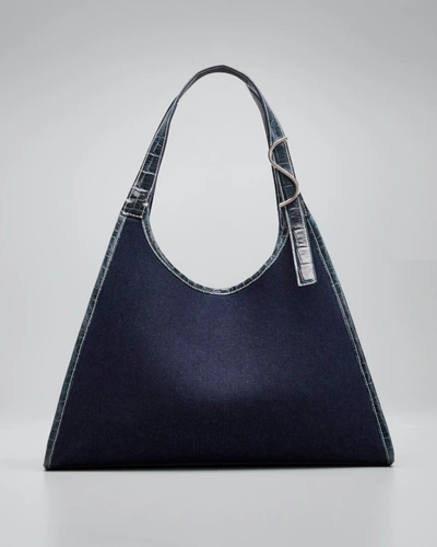 Shop Staud Rey Denim Shoulder Tote Bag In Denim Blue