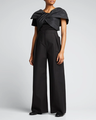 Shop Carolina Herrera Pleated Wide-leg Cotton Pants In Black