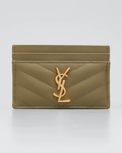 Shop Saint Laurent Monogramme Grain De Poudre Leather Card Case, Golden Hardware In Vert Kaki