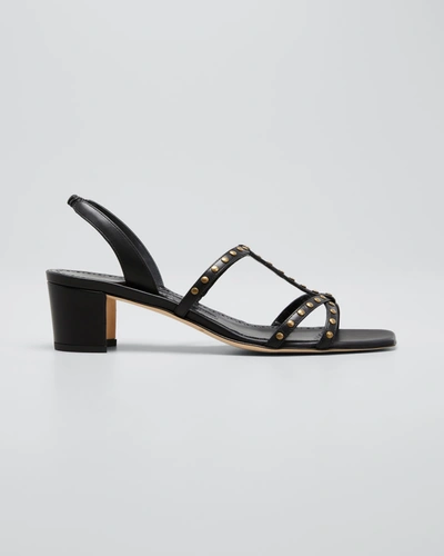 Shop Manolo Blahnik Luce 50mm Studded Block-heel Slingback Sandals With Square Toe In Black