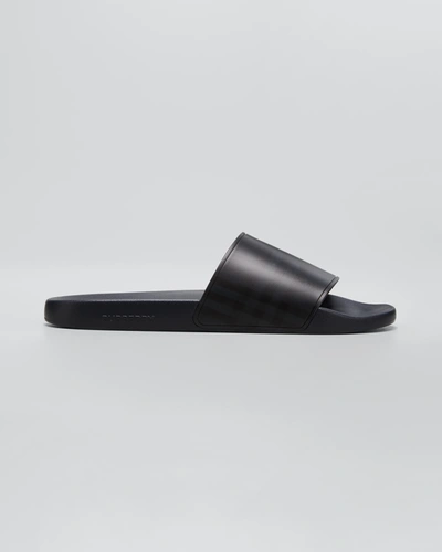 Shop Burberry Men's Tonal Check-print Pool Slide Sandals In Dark Blue