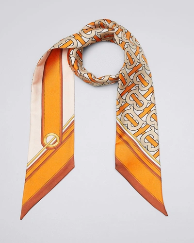 Shop Burberry Tb Monogram Silk Ribbon Skinny Scarf In Bright Orange
