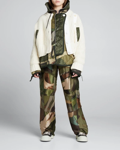 Shop Sacai Mixed-media Cardigan-layered Bomber In Camouflage