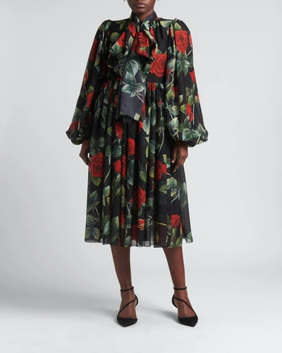 Shop Dolce & Gabbana Rose-print Tie-neck Silk Fit-&-flare Midi Dress In Rose Fdo Nero