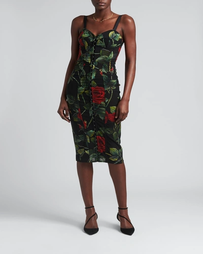 Shop Dolce & Gabbana Tulle Rose-print Midi Sheath Dress In Rose Fdo Nero